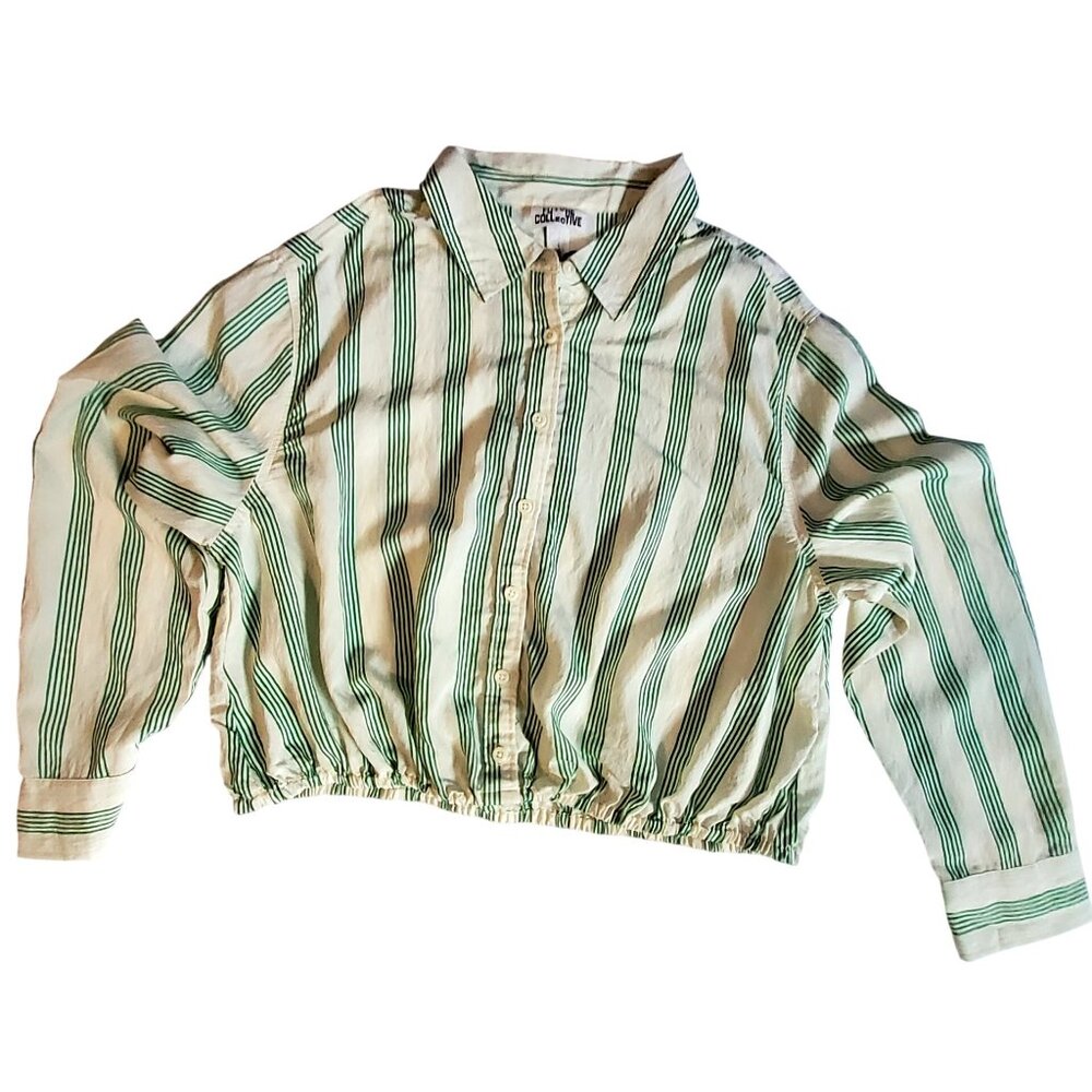 Future Collective Green & White Striped Button-Up  front closure Cropped Shirt L